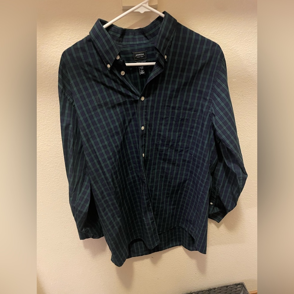 Arrow Green Plaid Collared Dress Shirt Size Large 16-16 1/2 34-35